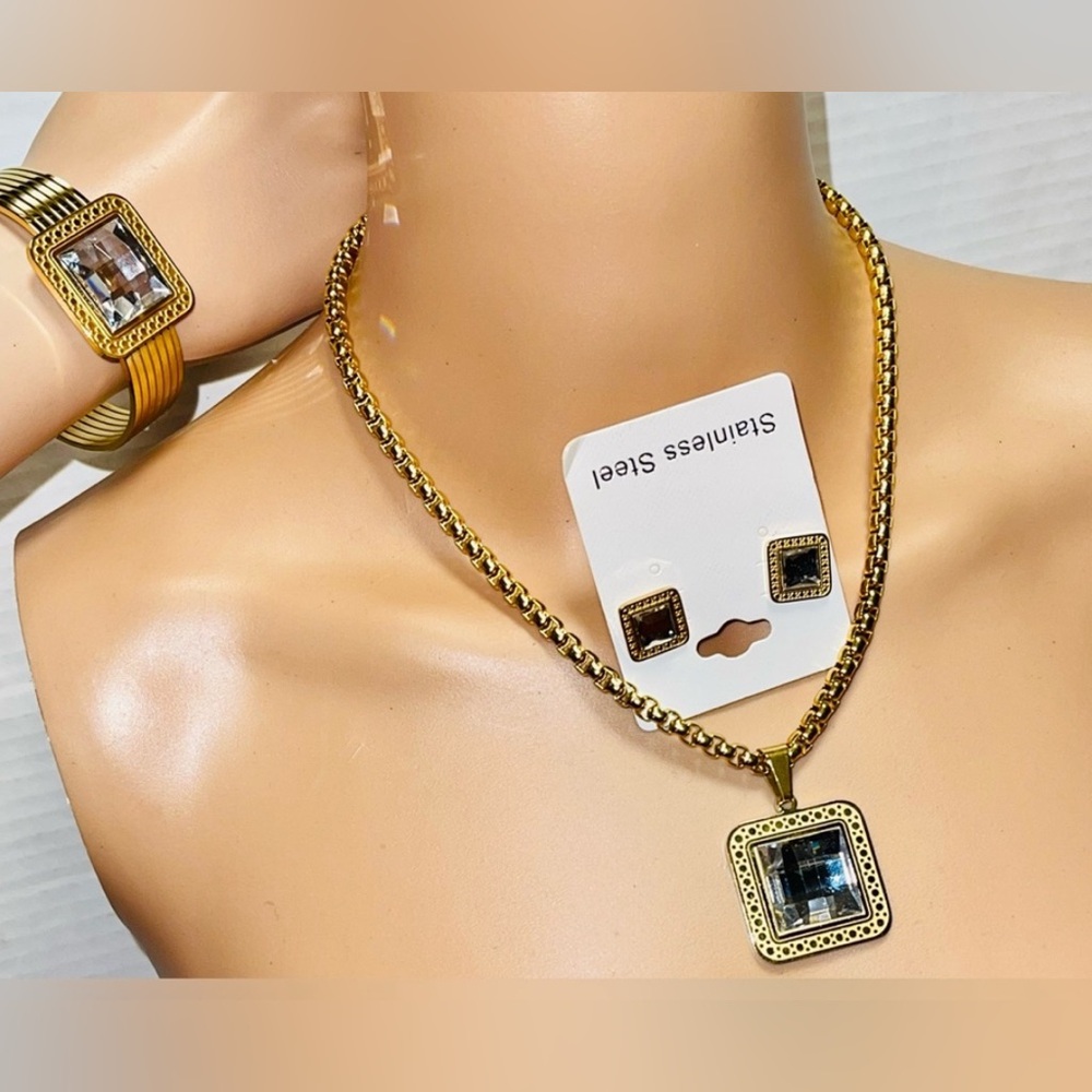 FASHION JEWELRY NECKLACE BRACELET EARRINGS SET WOMEN GOLD COLOR STAINLESS STEEL